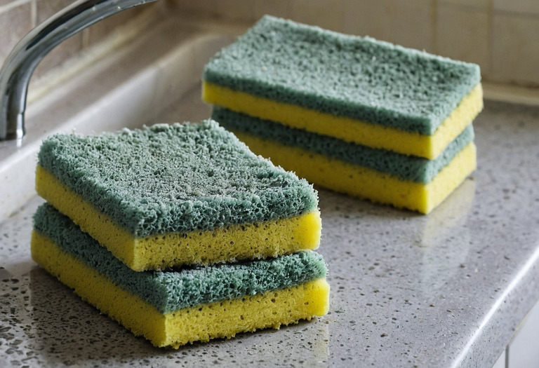Изношенная кухонная губка рядом с новой на краю раковины