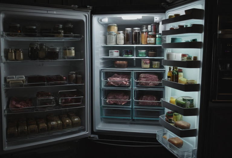 Открытый холодильник с равномерно разложенными продуктами по полкам
